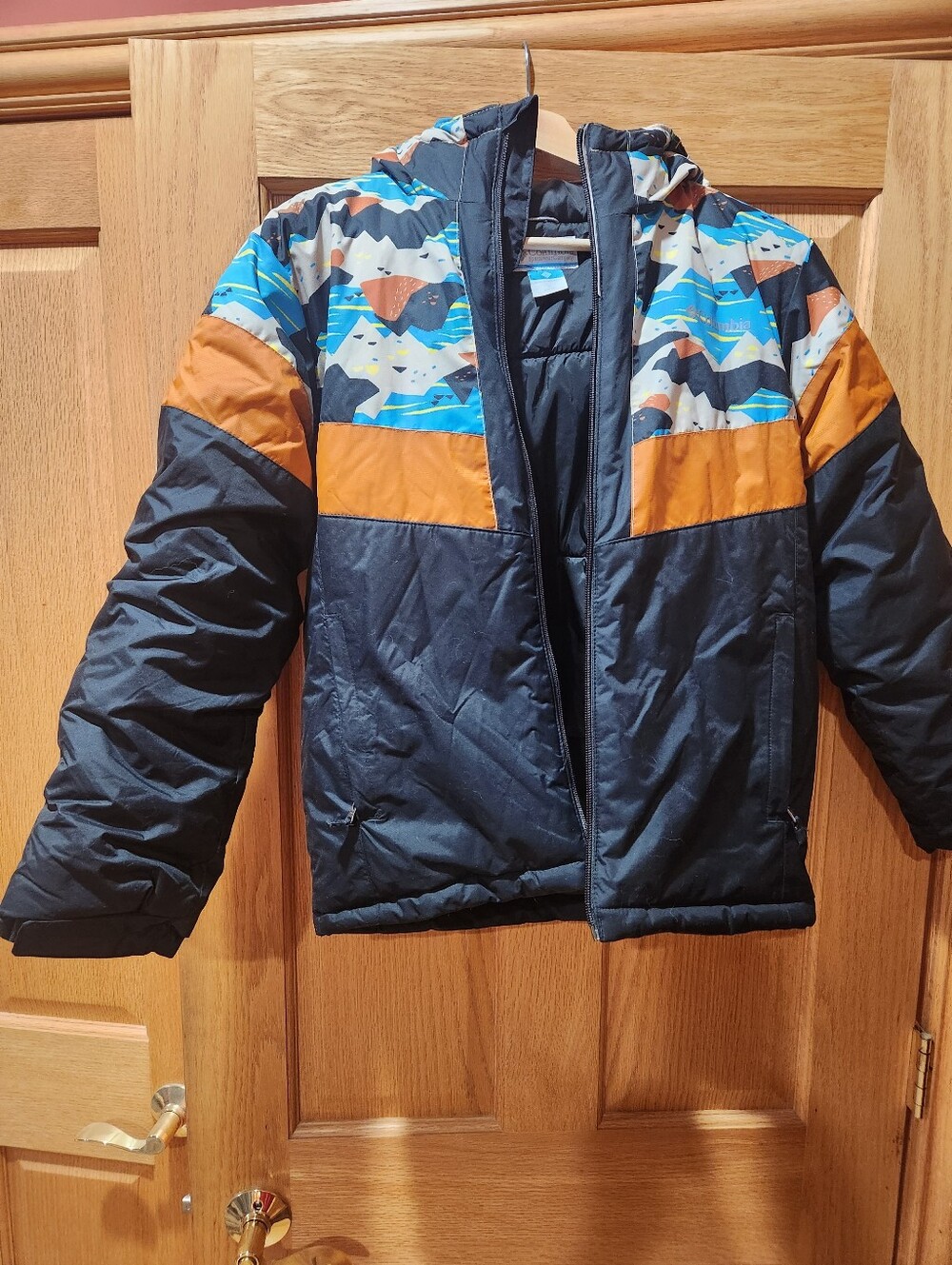 Columbia Navy and Orange Kids Hooded Puffer Jacket with Blue Pattern